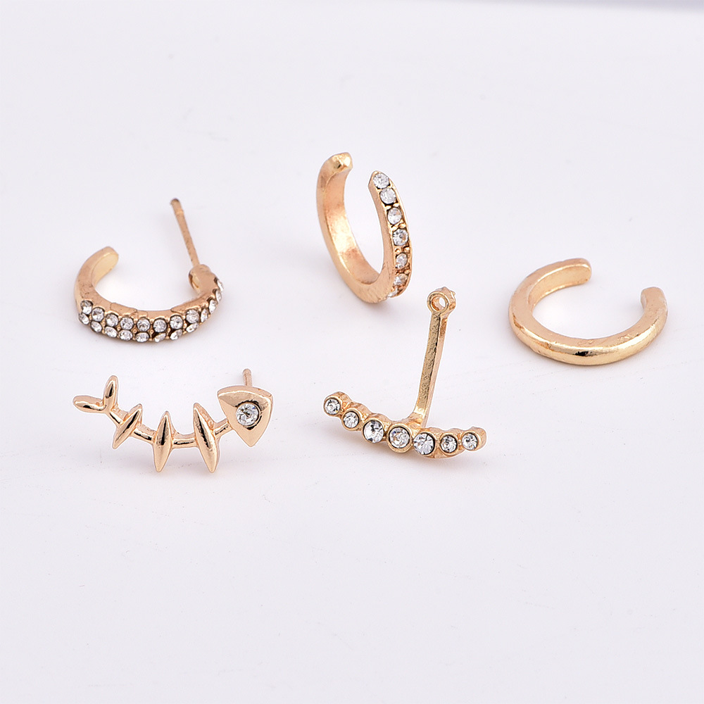 Korean New Fashion Women's Full Diamond Back-hanging Fish Bone Alloy Earrings Set display picture 6