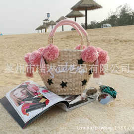 2017新品绣球流苏星星英文刺绣海边度假手提草编包女