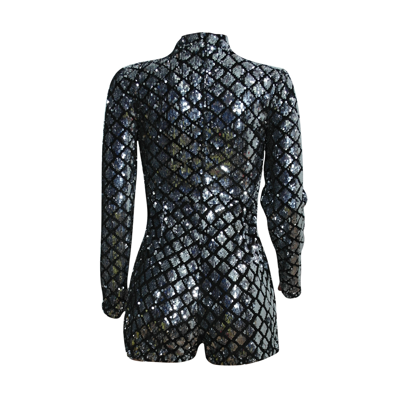 2021 Womens O Neck Fish Scale Sequin Playsuits Sexy Silver Glitter
