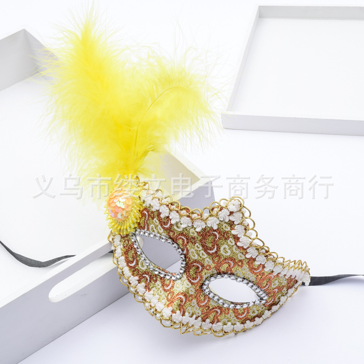 新款皮革羽毛面具侧边绒毛公主面具化妆舞会半脸包边女士眼罩批发