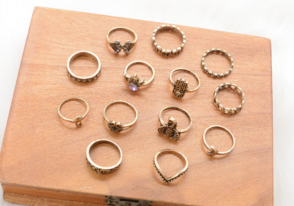 Retro Crown Palm Elephant Geometric Alloy Ring 13-piece Set display picture 7