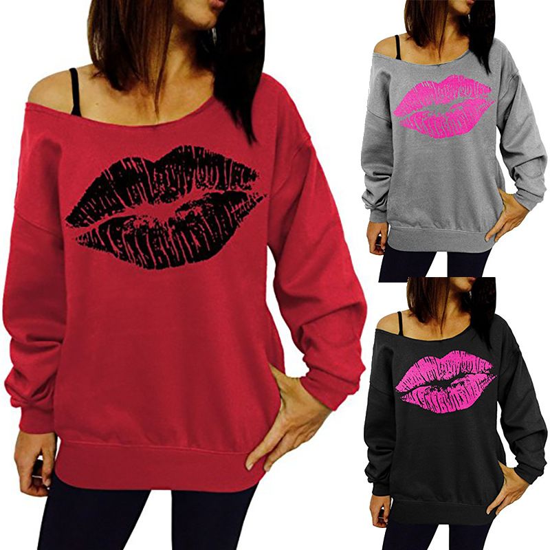 Off Shoulder Long Sleeve Sweatshirt Loose Fit Lip Print Casual Style Womens Top for Everyday Wear Wholesale