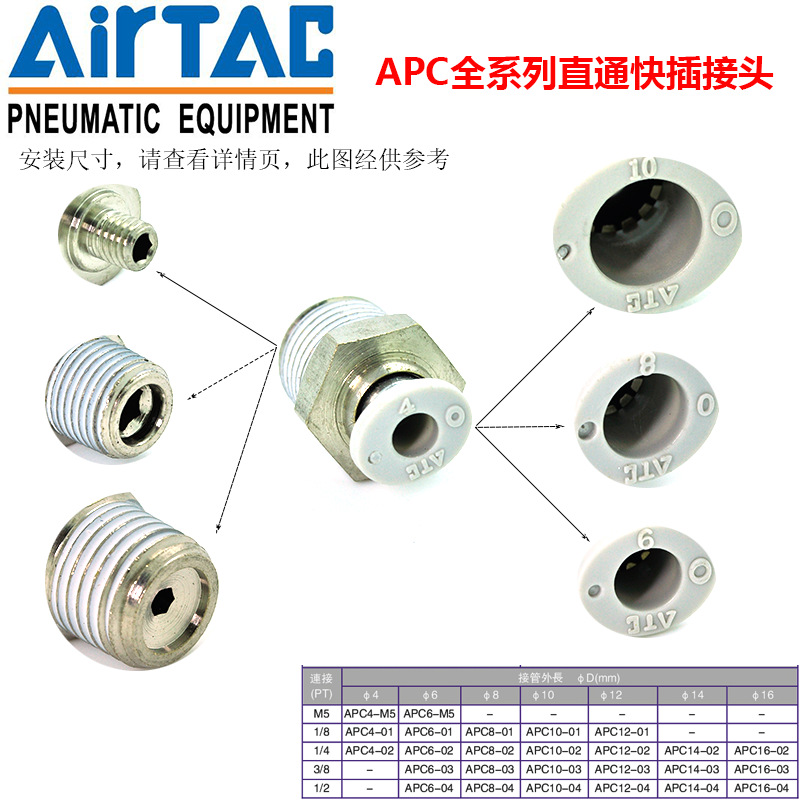亚德客气管接头APC4/6/8/10/12/14/16-M5/01/02/03/04/06高压管