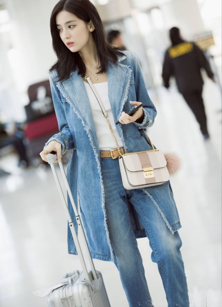 中国直邮 春秋新款明星同款修身牛仔外套长裤休闲时尚穿搭 外套 S