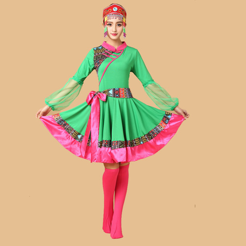 Women girls chinese folk mongolian dance dresses Tibetan and Mongolian national wind long-sleeved full-skirted dress dance clothes