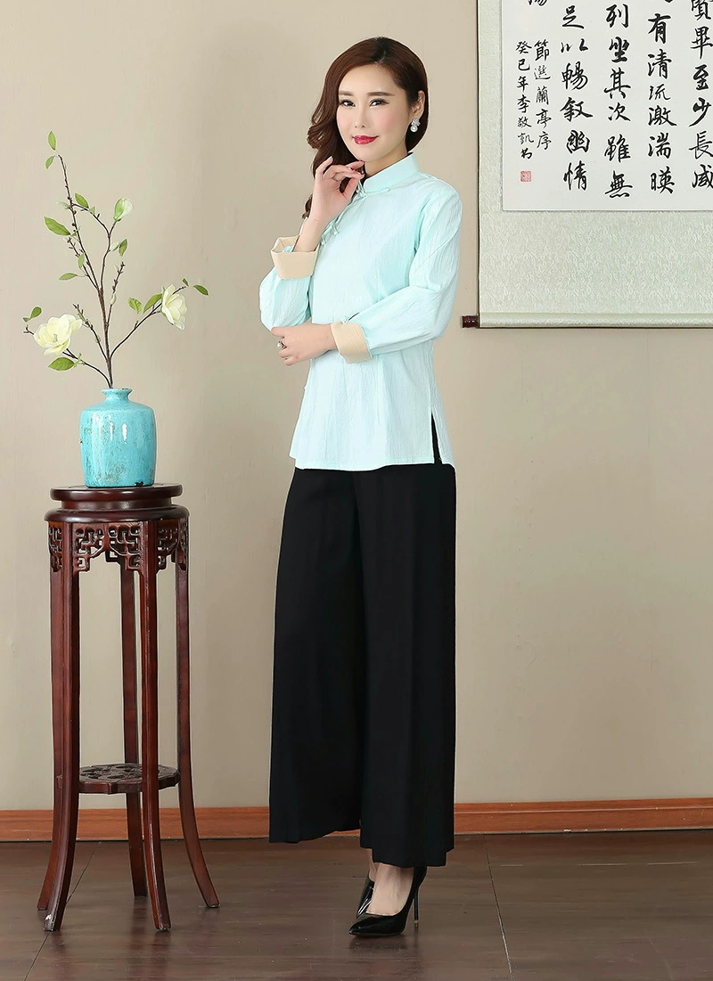Новый весенне-осенний Однотонный женский костюм Тан из хлопка и льна в китайском стиле с длинными рукавами, костюм Мама Ханьфу