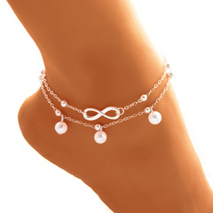 Japanese and Korean small fresh jewelry women's alloy anklet 8-word double-layer pearl anklet beautiful leg jewelry