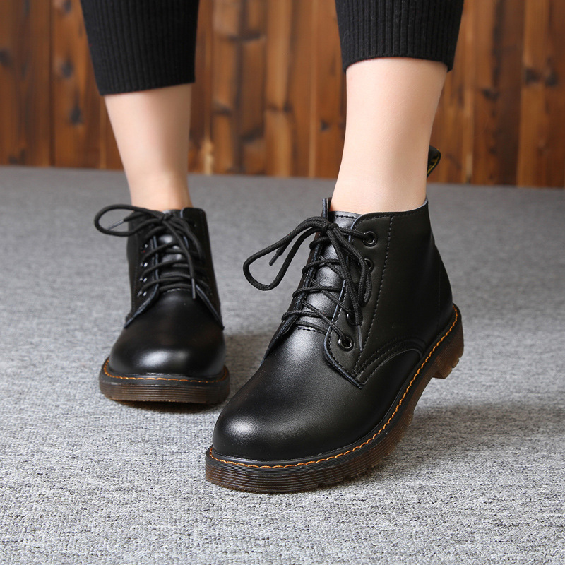 秋冬女鞋新品英伦风复古百搭圆头马丁靴学生系带牛筋平底低跟皮鞋|ms