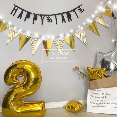 Holiday party decoration supplies New Year wedding room children's room birthday pull flag banner golden triangular flag decorative bunting