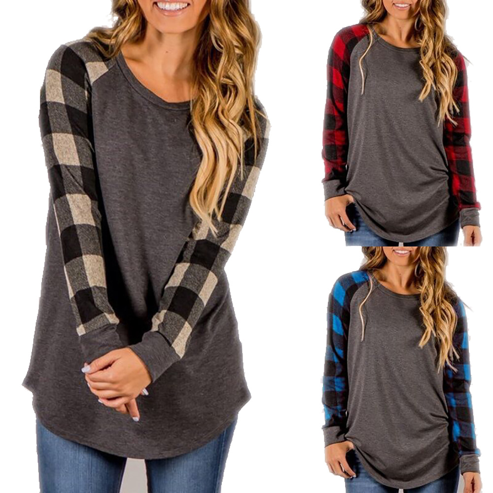 Holiday Occasion Wholesale Women'S Fashion Plaid Long Sleeve Printing T-Shirts