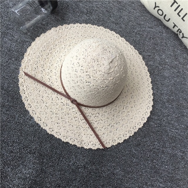 夏季新款优雅时尚蕾丝蝴蝶结大檐草帽女士帽子可折叠遮阳帽沙滩帽