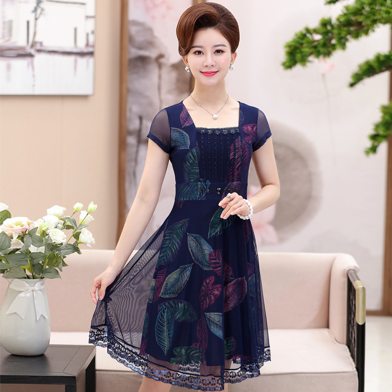 中老年女装夏季短袖蕾丝连衣裙中长款夏装中年