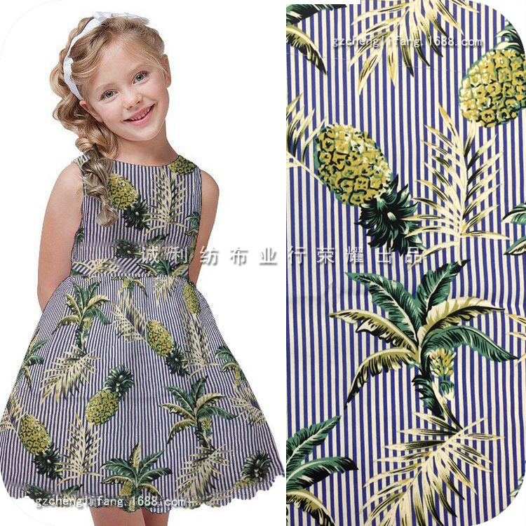 全棉平纹印花 纯棉面料 小条纹菠萝 连衣裙印花布 秋童装印花布料