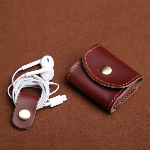 Summer headphone bag portable data cable headphone storage box crazy horse leather retro bag genuine leather small bag