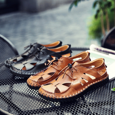 春夏男鞋凉鞋低帮牛皮面手工休闲户外镂空透气包头洞洞鞋一件代发