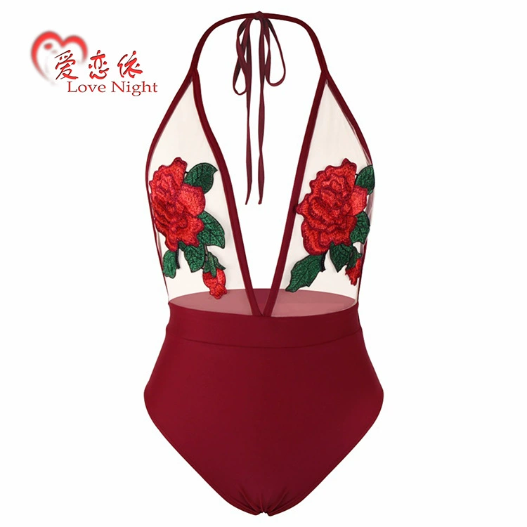 Купальник цельный (Love Night) для женщин, лентыhalter с вышитой розой, сексуальный вырез высокий бикини