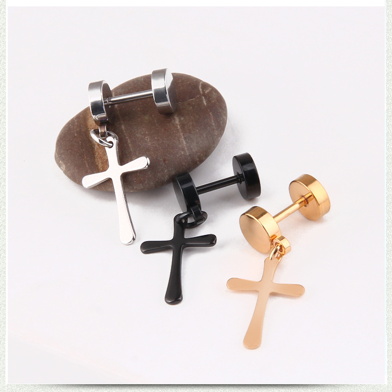 1 Piece Simple Style Cross Plating Titanium Steel Drop Earrings display picture 3