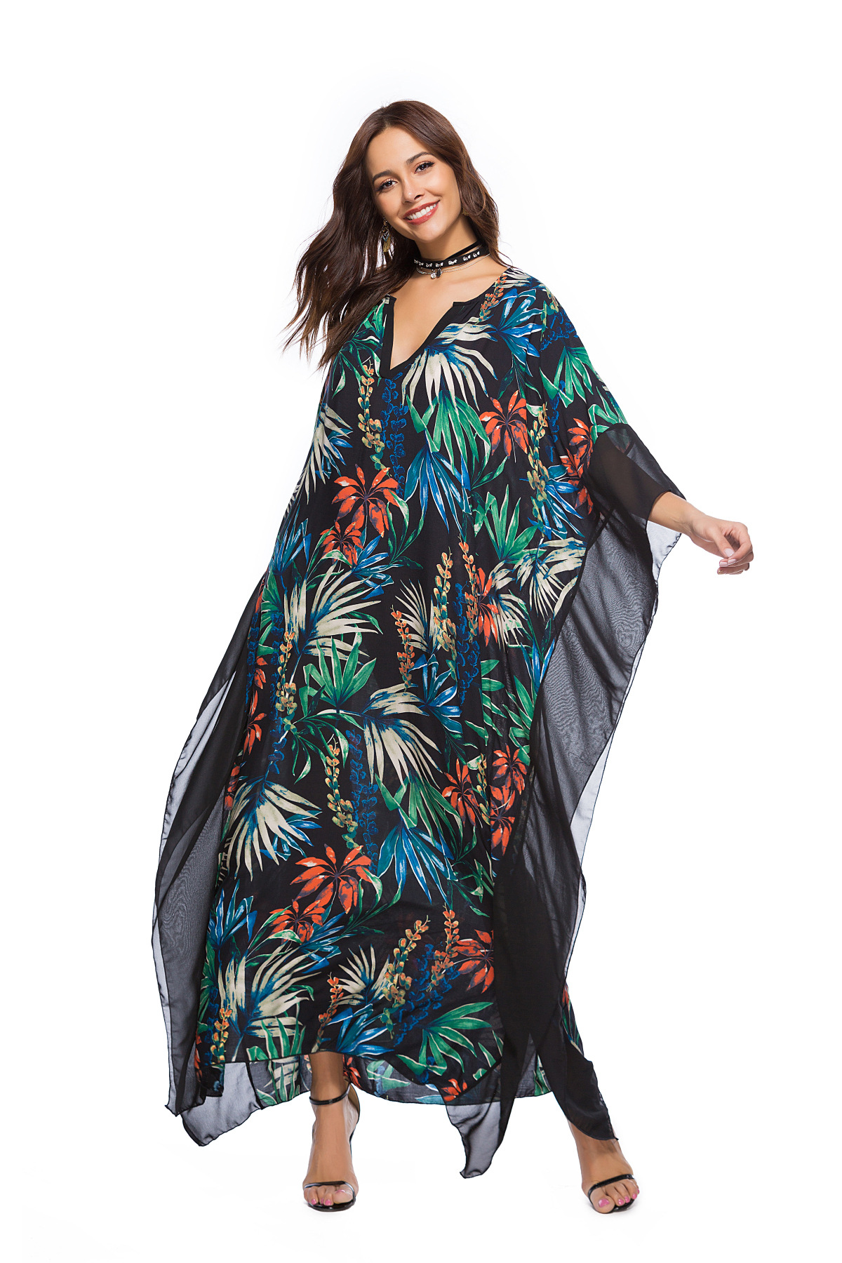 spring new V-neck bat sleeve printed dress NSDF25588