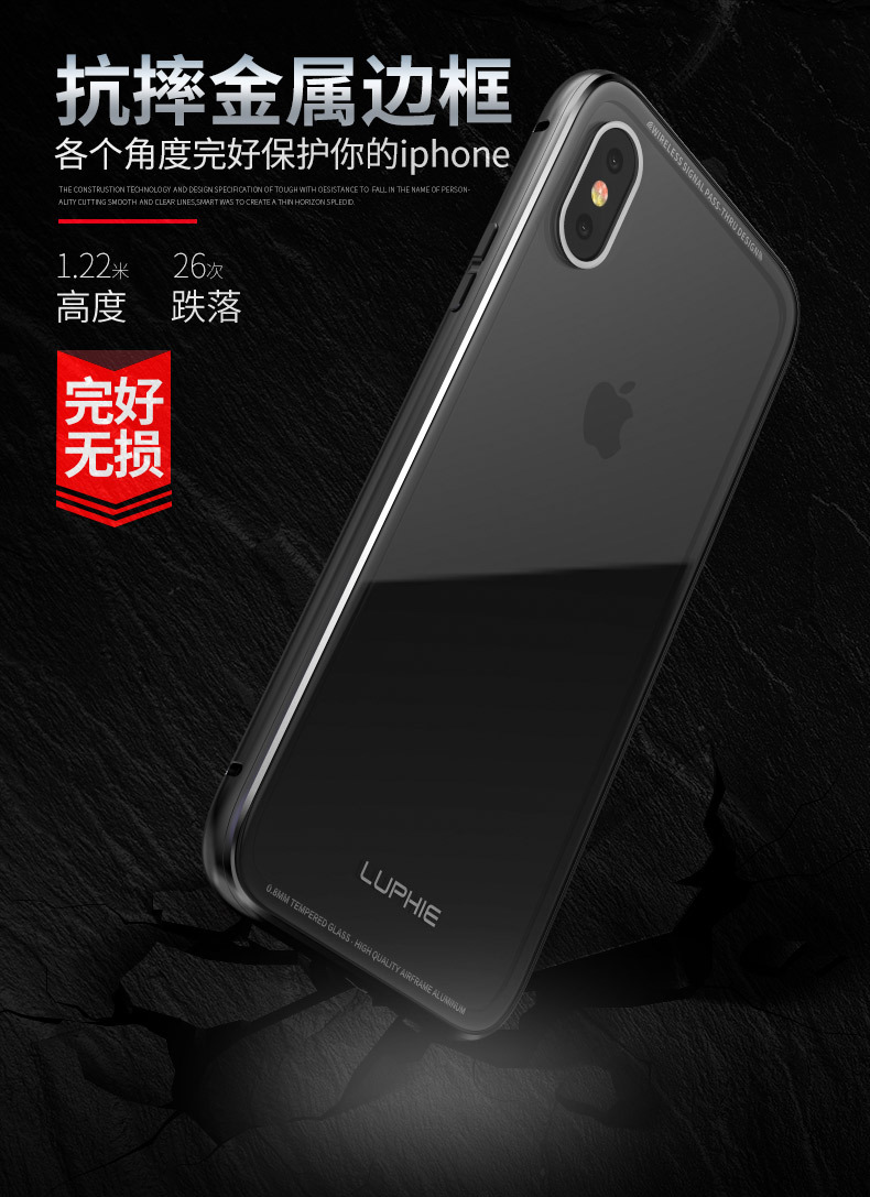 Luphie iGlass Airframe Aluminum Bumper Air Barrier Tempered Glass Back Case Cover for Apple iPhone X