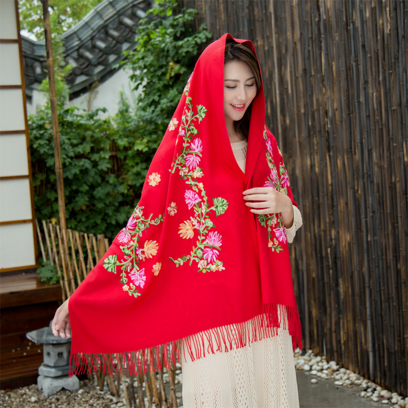 Autumn and winter new pattern Embroidery Cashmere Scarf Ethnic style Dual use tassels Embroidery Cashmere scarf Shawl wholesale