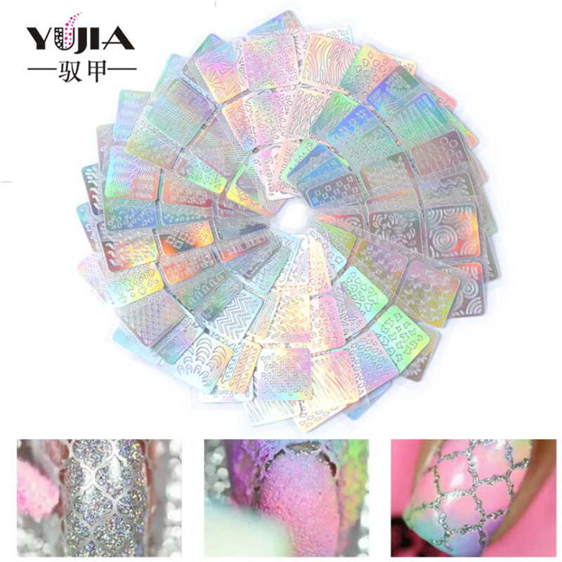 Yujia pegatinas de uñas al por mayor láser hueco pegatinas calcomanías de uñas 3D pegatinas de uñas hueco mezclado 24