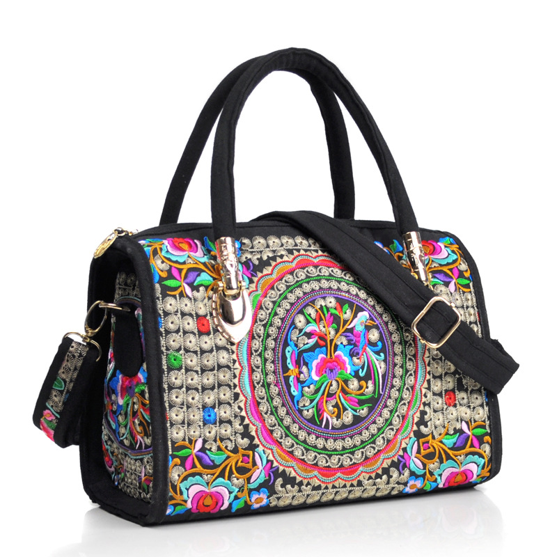 Estilo étnico bordado crossbody portátil de doble uso bolsa de tambor lienzo bordado floral bolsa de viaje hombro portátil bolso de las mujeres