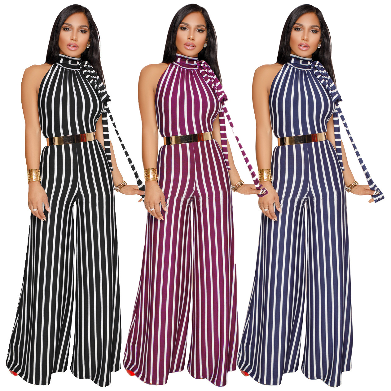 Striped Lace Up Backless Wide Leg Jumpsuit NSMRF116732