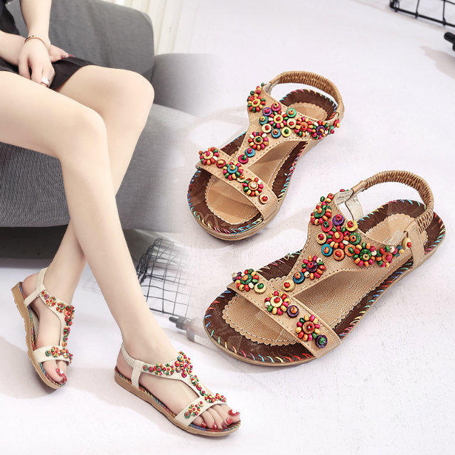 Foreign trade spring 2017 new Bohemian national style handmade beaded sandals flat bottom flat heel open toe women's shoes wholesale