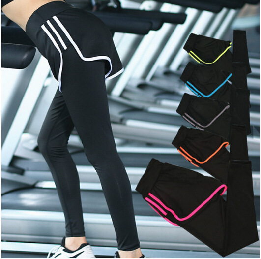 韩版假两件女速干春秋瑜伽裤 显瘦跑步运动瑜伽服紧身九分裤批发|ms