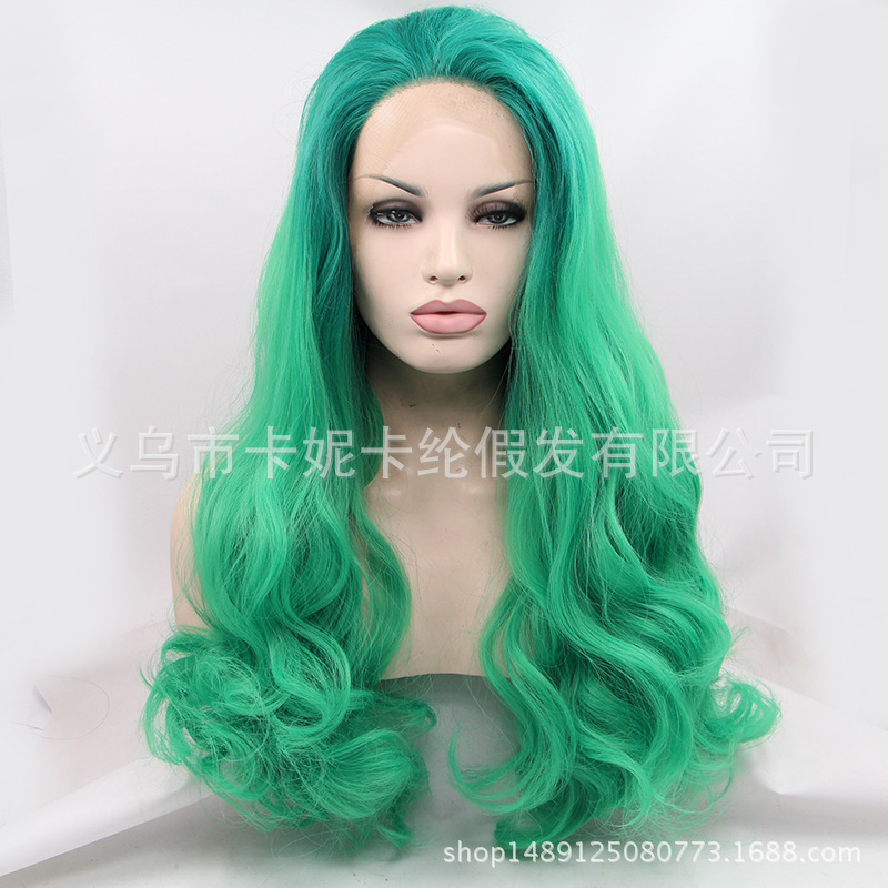 Nueva peluca de encaje de frente verde sólido, cabello largo y rizado realista