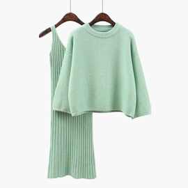 2023春季新韩版宽松毛衣套装女时尚两件套裙子纯色包臀套头针织衫
