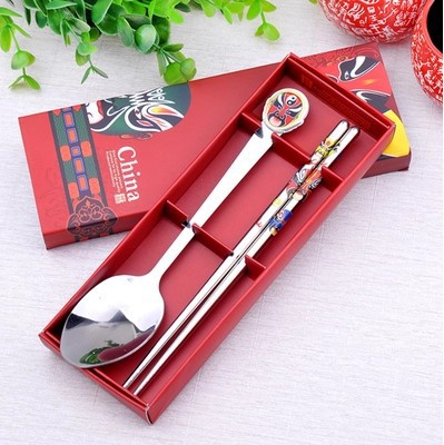 批发不锈钢餐具红脸谱勺筷2件套三件套中国国粹餐具商务高档礼品|ms