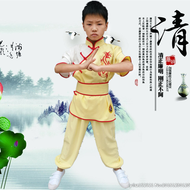 wholesale Embroidery Chinese Dragon children yellow A martial art Uniforms tradition frog Length stage Kungfu Online Costume