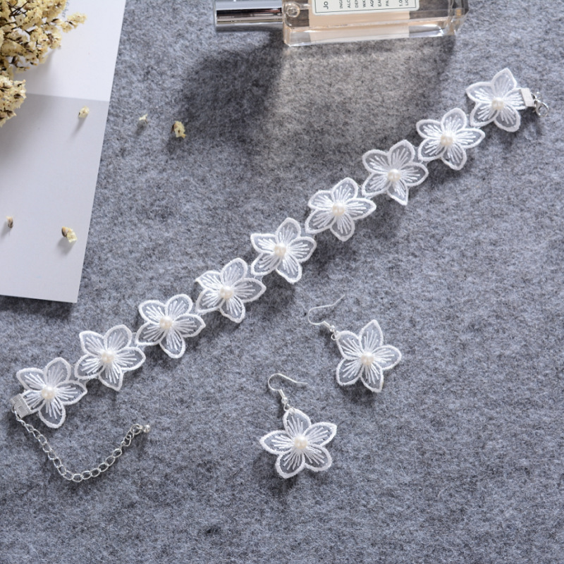 韩国简约编织花朵项圈白色花卉耳环耳钉耳饰项链组合2件套装饰品|ru