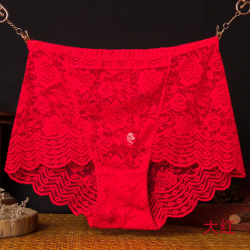 Hollow breathable and comfortable rose embroidered high waist girls' underwear large size lace underwear 200 pounds fat mm
