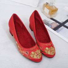 JA28-3新款中式傳統結婚鞋大紅色圓頭粗跟女鞋百搭綉花圖騰高跟鞋