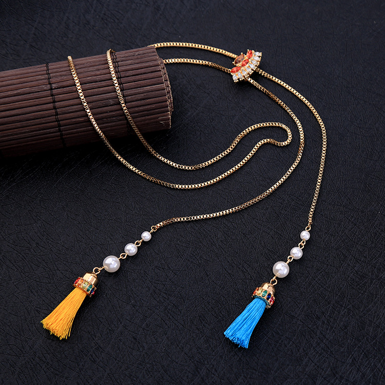 Retro Ethnic Style Long Sweater Chain Design Pearl Necklace Adjustable Tassel Pendant Necklace Tide display picture 5
