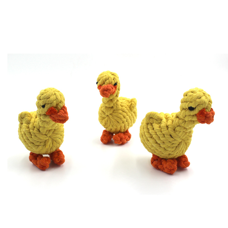 Venta al por mayor juguete de cuerda de algodón para mascotas tejido a mano pequeño pato amarillo gato perro diente limpieza molar animal modelado juguete image 5