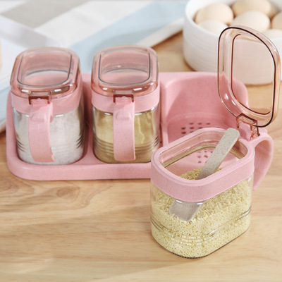 厨房用品亚马逊爆款创意玻璃调味罐套装 小麦秸秆调料盒调味瓶|ru