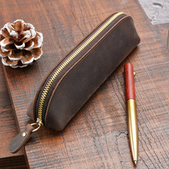New Mademoiselle Leather Zipper Pen Pouch Handmade Genuine Leather Pen Bag Creative Fashion Stationery Retro Fountain Pen Storage Bag