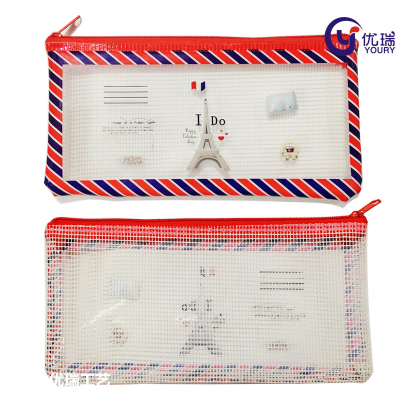 苍南厂家定制PVC卡通网格笔袋 透明PVC网格拉边袋 PVC软质整理袋