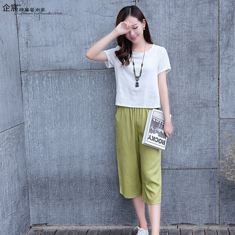 2017春夏韩版女装短袖T恤亚麻套装女修身简约