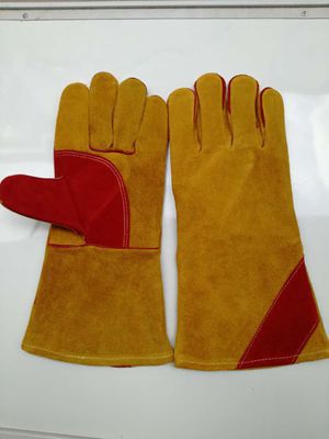 16寸牛二层黄色十红色电焊劳保手套皮革手套批发防烫