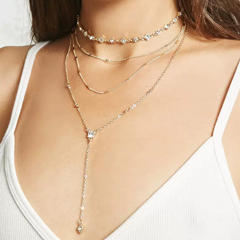 跨境新款长流苏饰品层次水钻Y形项圈项链两条组