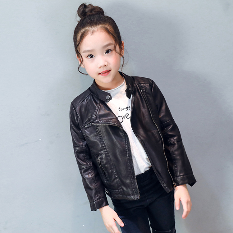 2020 Spring Korean Edition fashion Children's clothing Locomotive girl pu leather clothing children Zipper shirt coat On behalf of