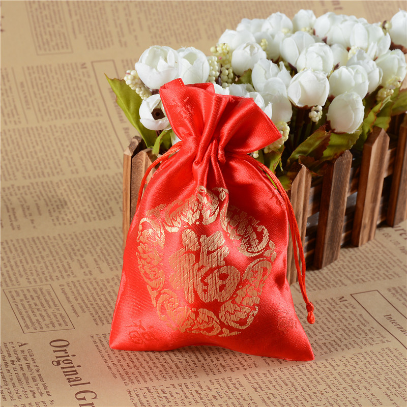 大紅色新年福袋束口禮品紅包首飾包裝袋節日婚慶喜字糖果袋批發