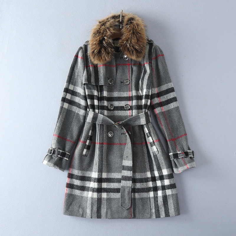 清货 貉子毛领秋冬新款欧美女装双排扣羊毛格子毛呢大衣长款外套