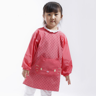 儿童透气小猫咪防水罩衣反穿衣长袖围裙吃饭衣画画衣写字衣