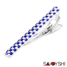 萨瓦仕品牌弧形金属经典方格滴透明蓝油正装商务领夹 男士领带夹