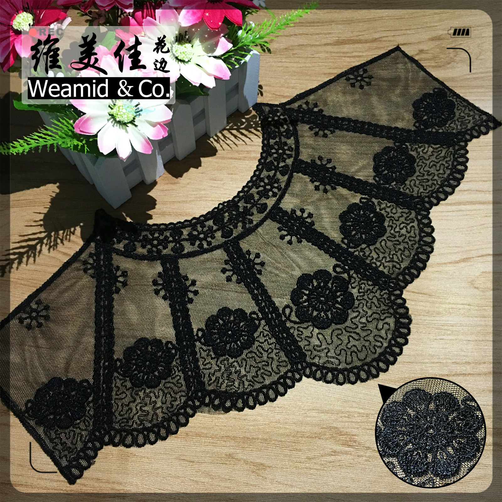 黑色涤光水溶网纱刺绣圆领领花 外贸蕾丝绣花时装衣领 涤纶丝领花